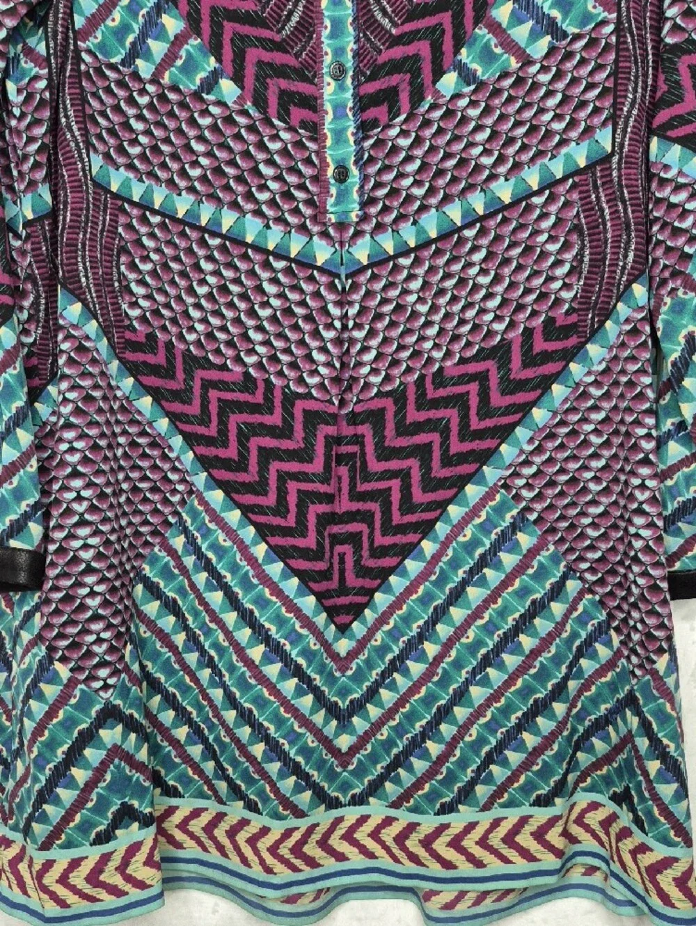 Hale Bob Geometric Chevron‎ V-Neck Shift Dress Purple Pink Teal Blue Large